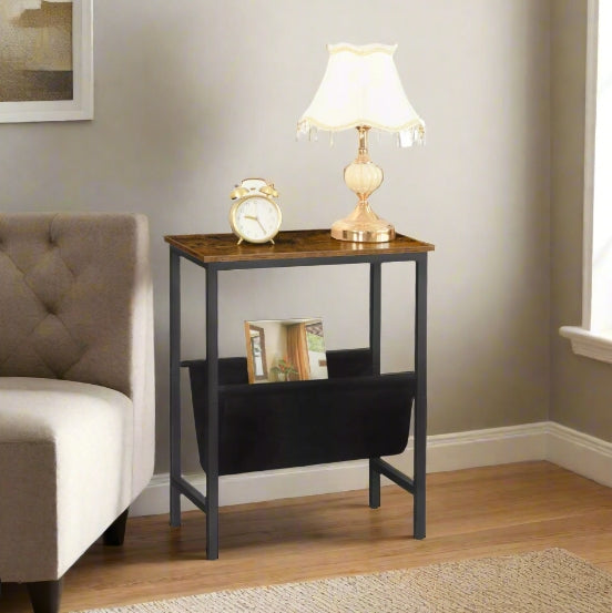 Rustic Brown Narrow Side Table – Small Bedside End Table with Metal Frame for Bedroom or Living Room