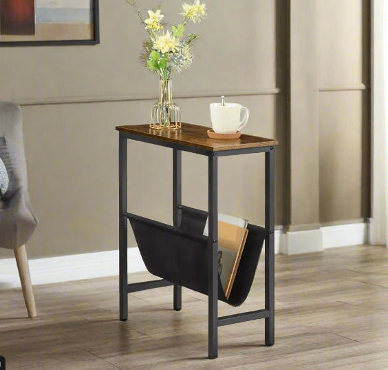 Rustic Brown Narrow Side Table – Small Bedside End Table with Metal Frame for Bedroom or Living Room