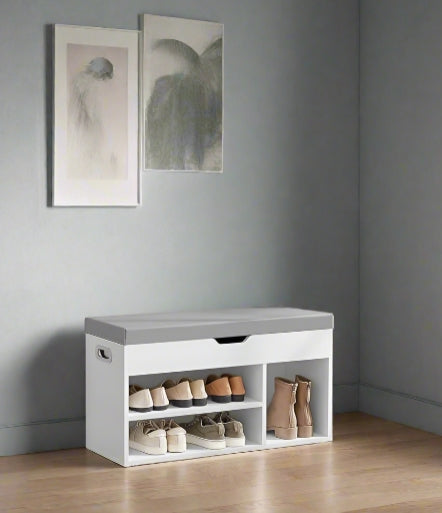White Shoe Storage Bench with Cushion, Hidden Compartment & 3 Shelves, 150kg Capacity