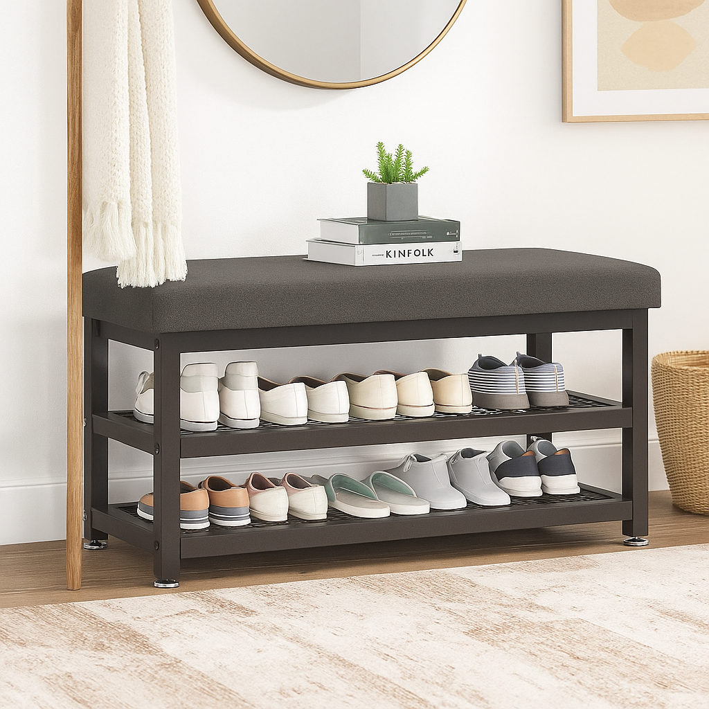 2-tier shoe bench with grey cushion and black metal frame – padded shoe rack for hallway or entryway