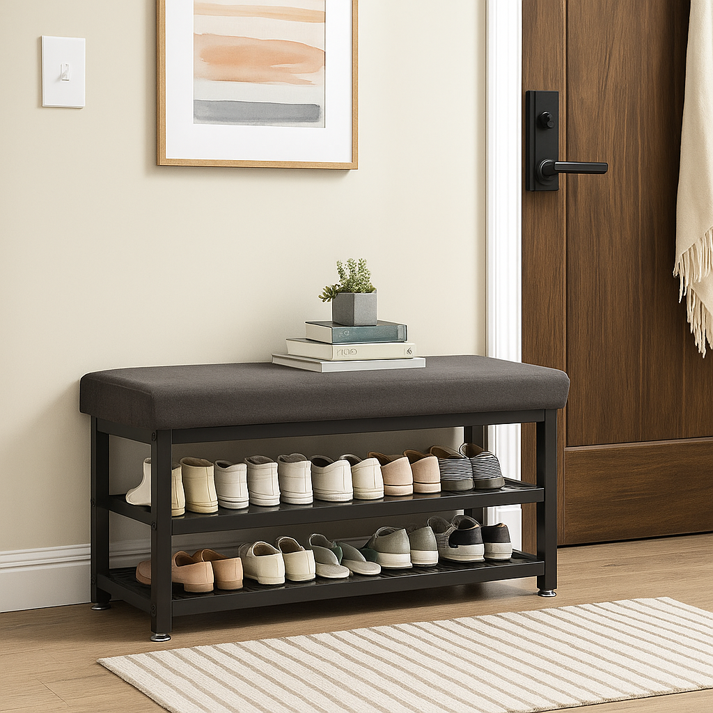 2-Tier Shoe Bench with Padded Cushion – Shoe Rack Storage Organizer with Adjustable Feet