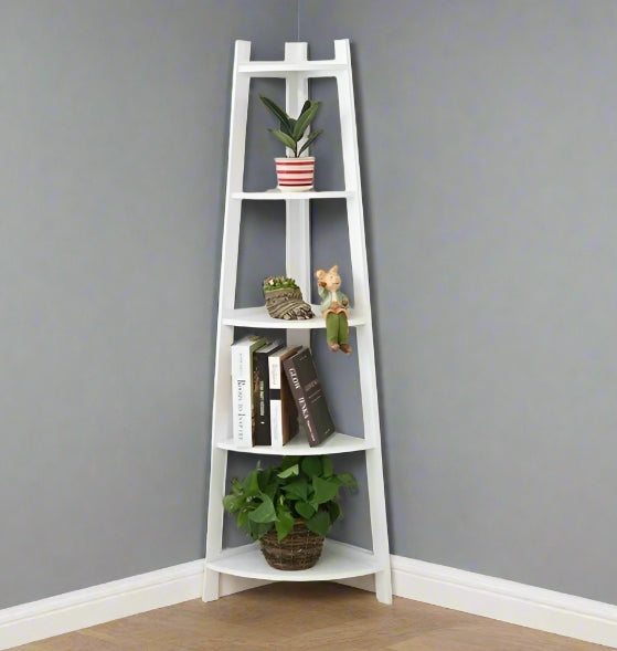 5-Tier White Corner Ladder Shelf – Modern Display Stand for Plants & Home Decor