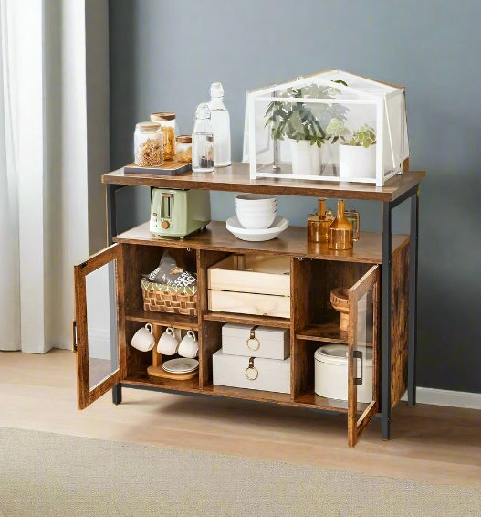 Rustic Sideboard Buffet Table with Glass Doors – Storage Cabinet with Adjustable Shelves