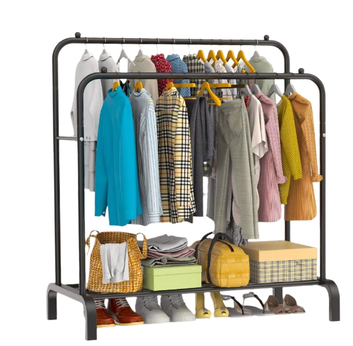 Heavy Duty Double Rail Clothes Rack – Steel Garment Hanging Stand with Shelf, 110cm Black Display Rail