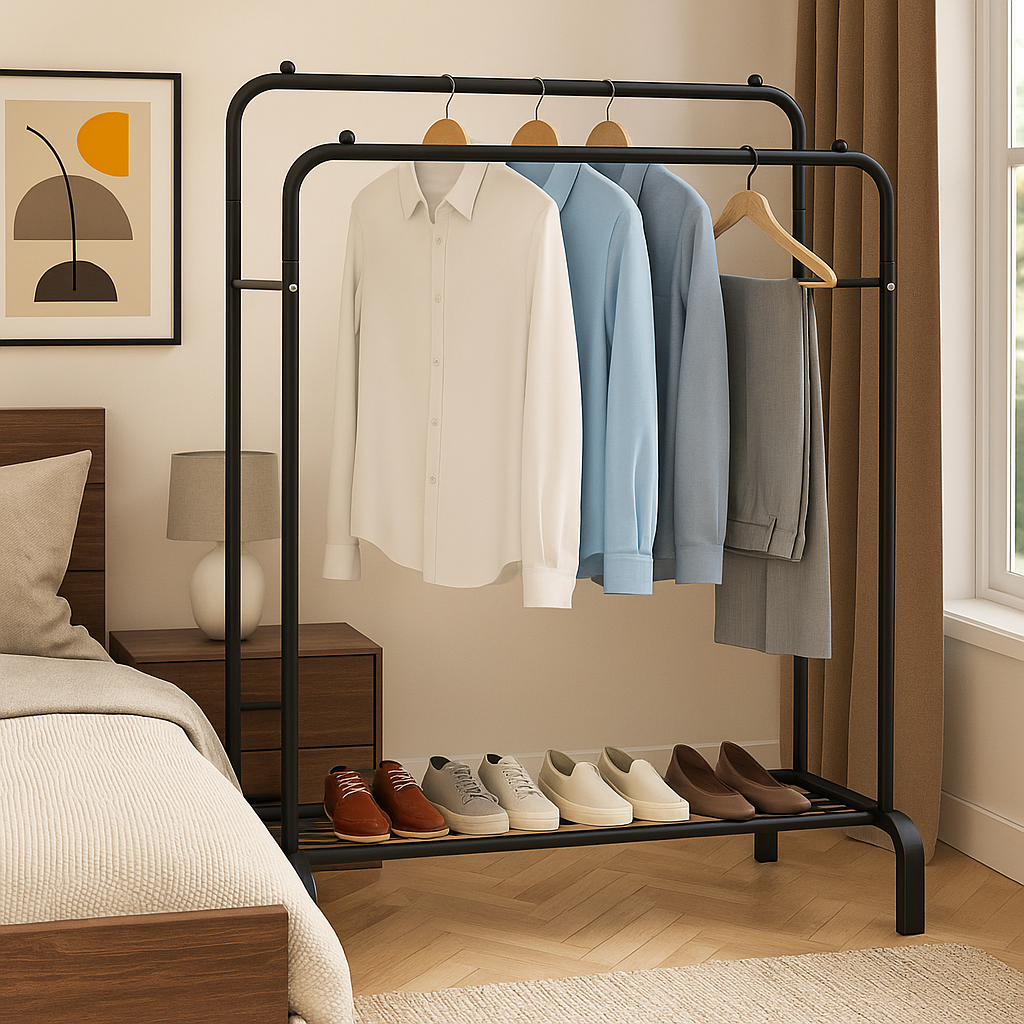 Heavy Duty Double Rail Clothes Rack – Steel Garment Hanging Stand with Shelf, 110cm Black Display Rail