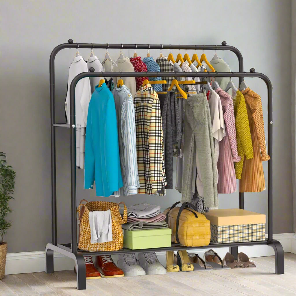 Heavy Duty Double Rail Clothes Rack – Steel Garment Hanging Stand with Shelf, 110cm Black Display Rail