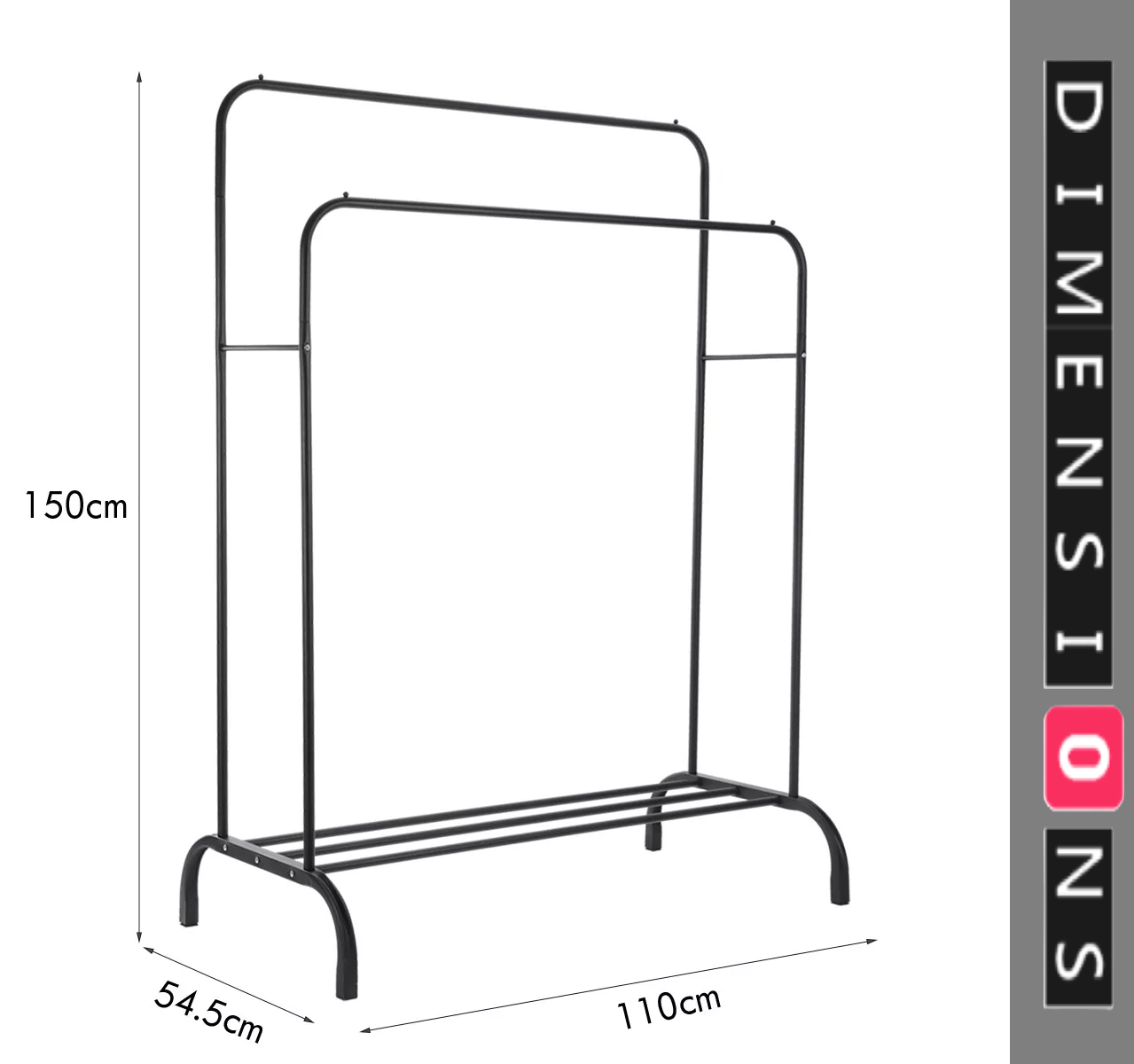 Heavy Duty Double Rail Clothes Rack – Steel Garment Hanging Stand with Shelf, 110cm Black Display Rail