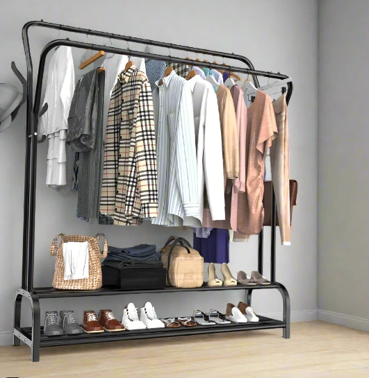 Heavy Duty Metal Double Rail Clothes Rack – Freestanding Garment Stand with Shelf