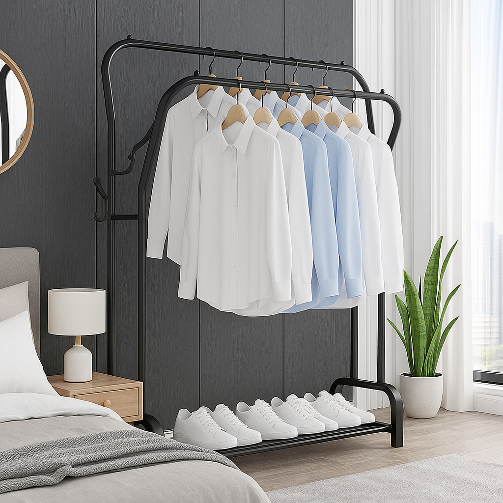 Heavy Duty Metal Double Rail Clothes Rack – Freestanding Garment Stand with Shelf