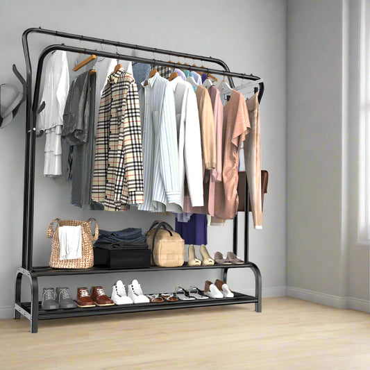 "Heavy-duty metal double rail clothes rack with bottom shelf in black or white – modern freestanding garment stand"