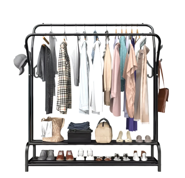 Heavy Duty Metal Double Rail Clothes Rack – Freestanding Garment Stand with Shelf