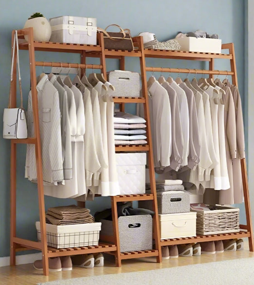 Large Wooden Clothes Rail Rack – Heavy Duty Garment Stand Corner Open Wardrobe Shelf Organizer