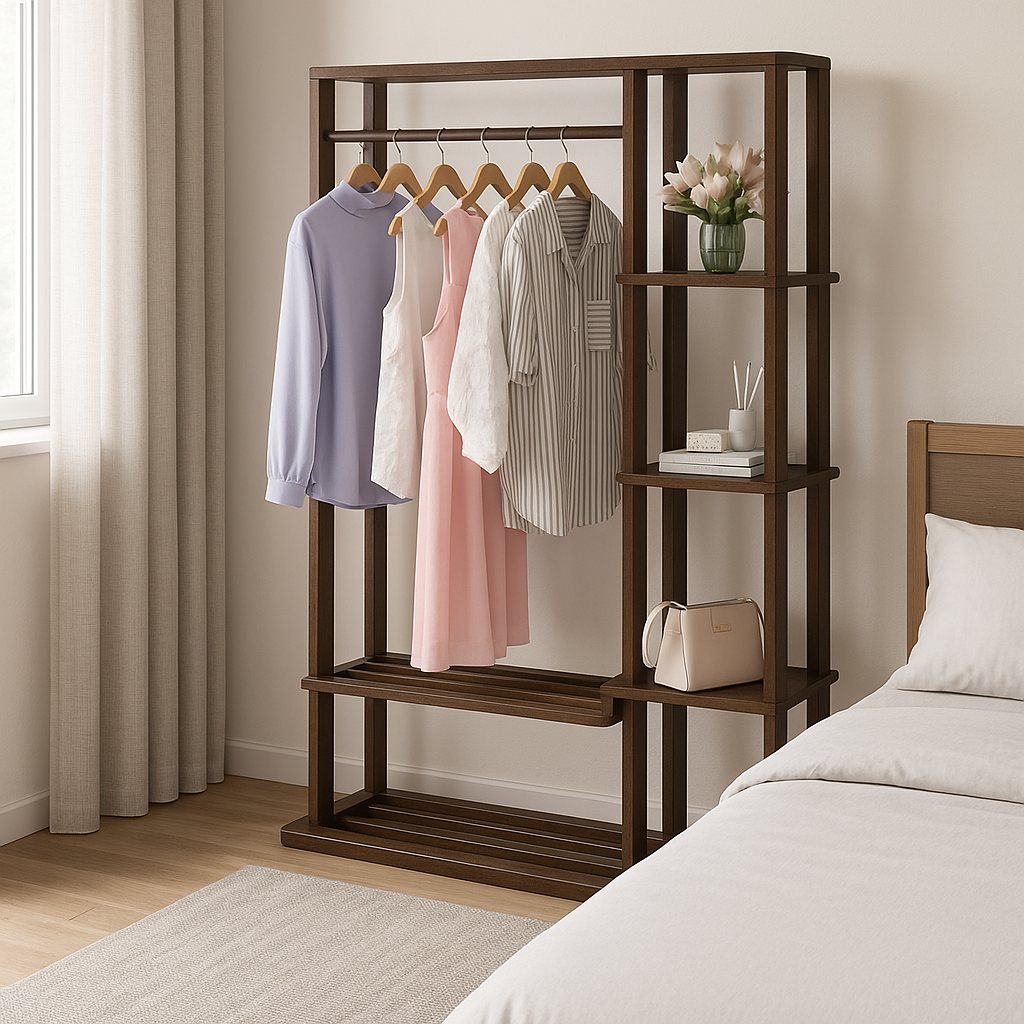 Solid Clothes Rack with Shelves – Open Wardrobe Stand with Hanging Rail