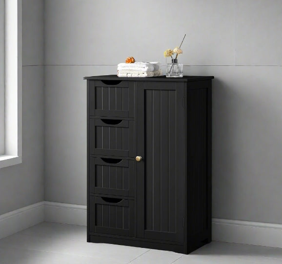 Bathroom Floor Cabinet Wooden Freestanding Storage with 4 Drawers & 1 Door Adjustable Shelf – Black
