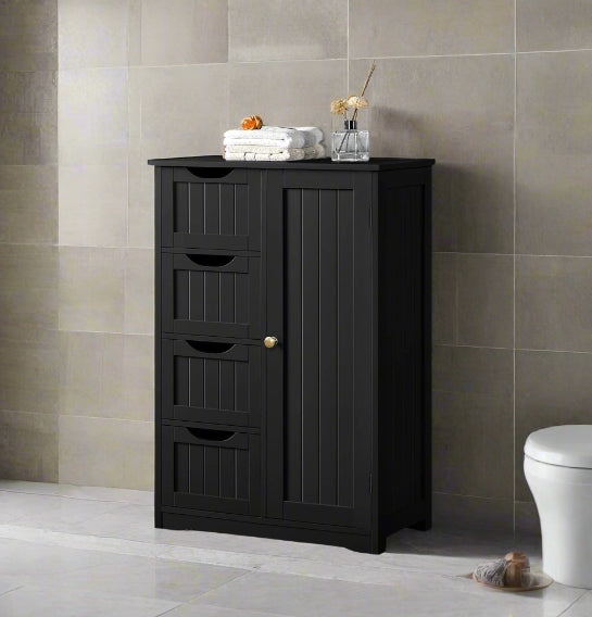 Bathroom Floor Cabinet Wooden Freestanding Storage with 4 Drawers & 1 Door Adjustable Shelf – Black
