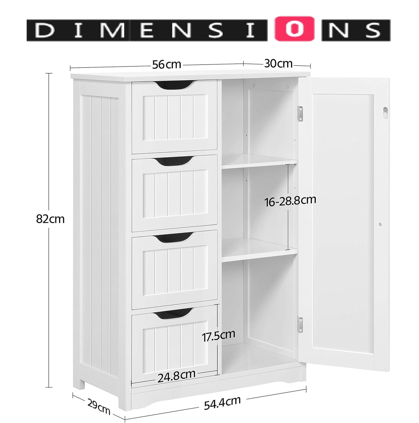 Bathroom Floor Cabinet Wooden Freestanding Storage with 4 Drawers & 1 Door Adjustable Shelf – White
