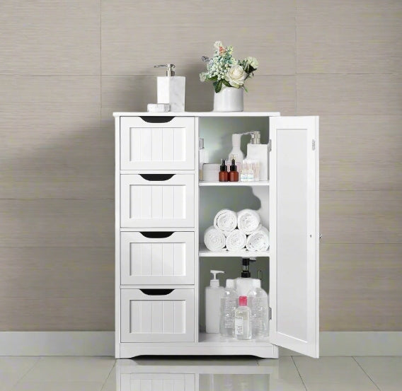 Bathroom Floor Cabinet Wooden Freestanding Storage with 4 Drawers & 1 Door Adjustable Shelf – White