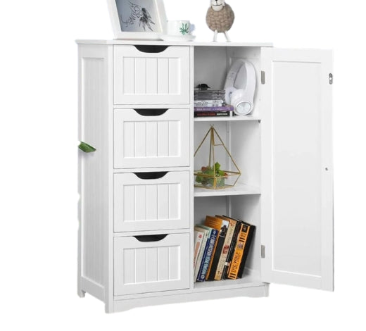Bathroom Floor Cabinet Wooden Freestanding Storage with 4 Drawers & 1 Door Adjustable Shelf – White