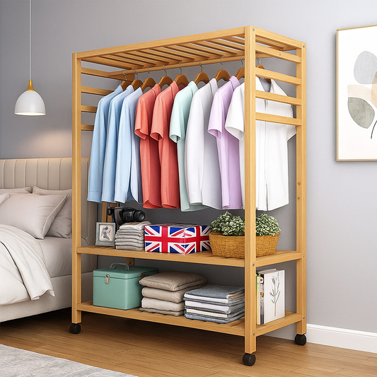 Wooden Clothes Rail Rack – Heavy Duty Garment Hanging Stand with Shelves Open Wardrobe