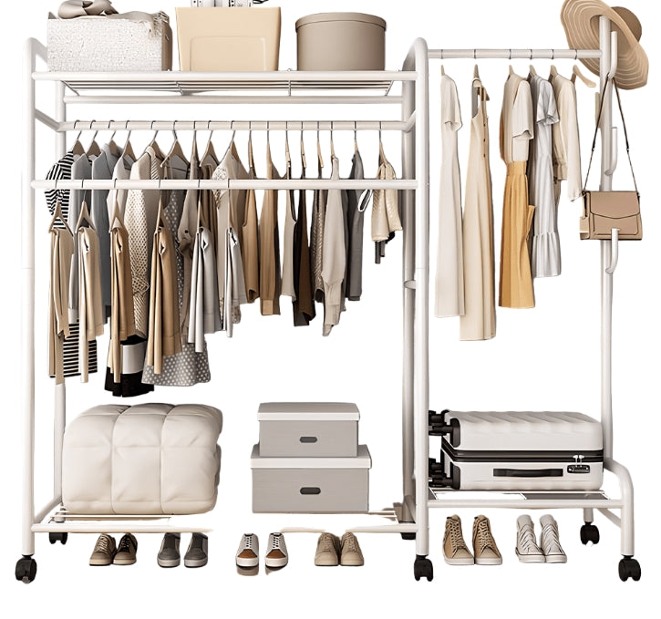 Heavy Duty Metal Clothes Rail Rack with Double Hanging Rods, Storage Shelves & Wheels – White
