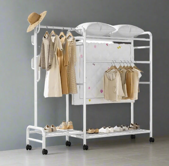 Heavy Duty Metal Clothes Rail Rack with Double Hanging Rods, Storage Shelves & Wheels – White