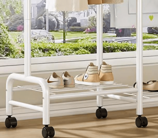 Heavy Duty Metal Clothes Rail Rack with Double Hanging Rods, Storage Shelves & Wheels – White