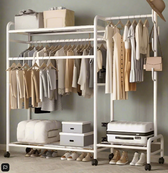 Heavy Duty Metal Clothes Rail Rack with Double Hanging Rods, Storage Shelves & Wheels – White
