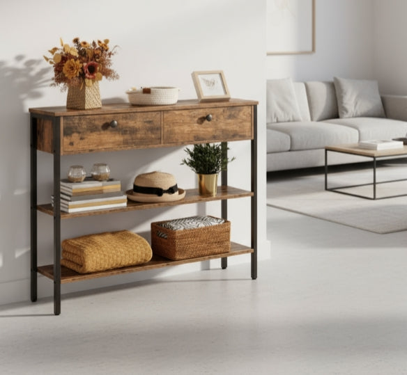 Rustic Brown Console Table with 2 Drawers – Industrial Hallway Table Sofa Side Table with Storage