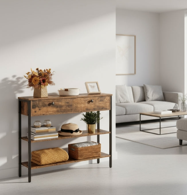 Rustic Brown Console Table with 2 Drawers – Industrial Hallway Table Sofa Side Table with Storage