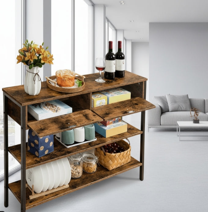 Rustic Brown Console Table with 2 Drawers – Industrial Hallway Table Sofa Side Table with Storage