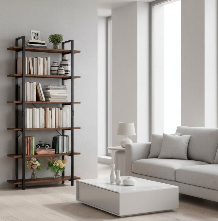 Tall 6-Tier Bookcase 210cm Vintage Brown & Black Freestanding Bookshelf for Living Room & Office