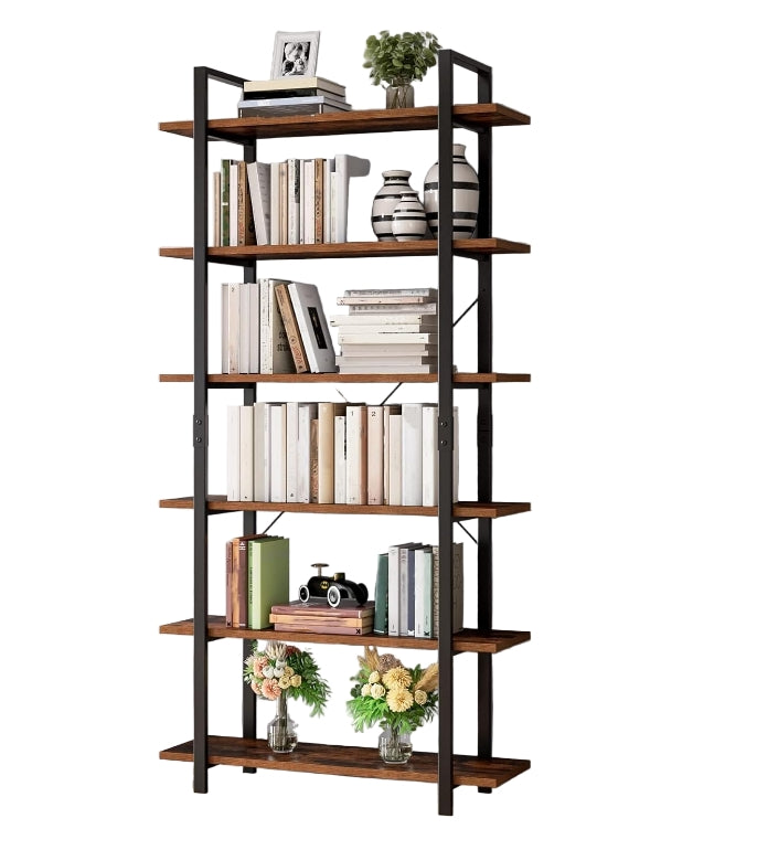 Tall 6-Tier Bookcase 210cm Vintage Brown & Black Freestanding Bookshelf for Living Room & Office