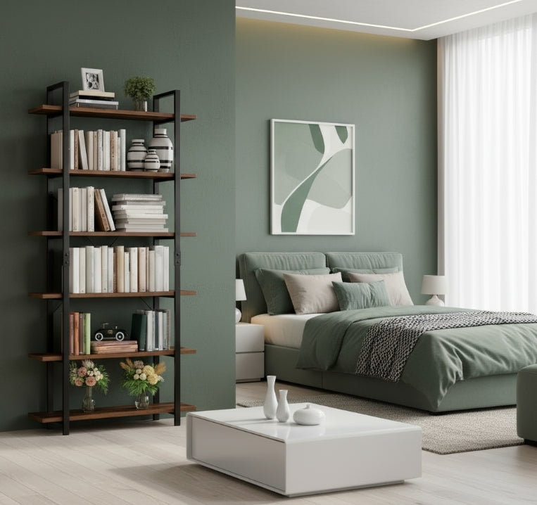 Tall 6-Tier Bookcase 210cm Vintage Brown & Black Freestanding Bookshelf for Living Room & Office