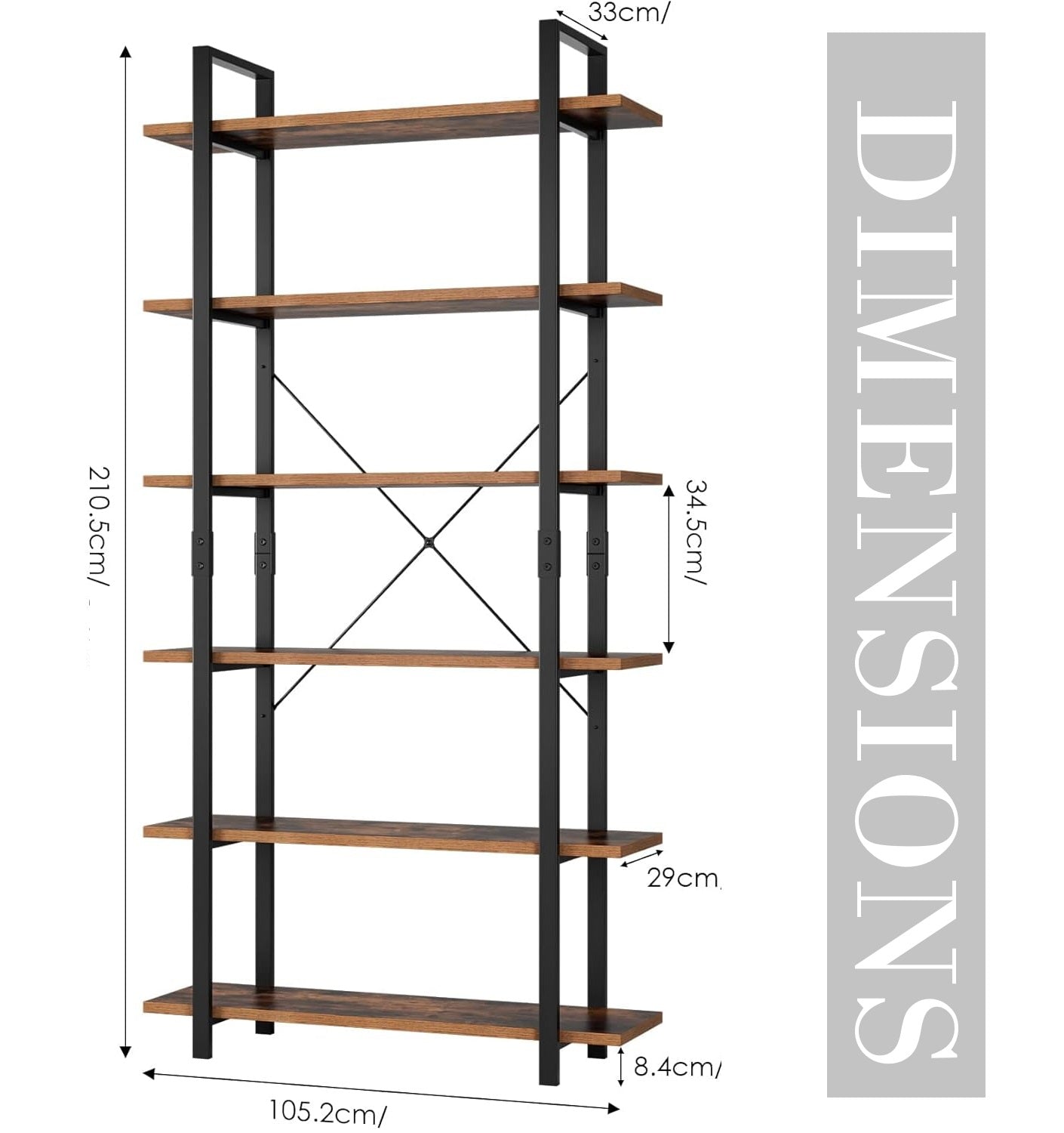 Tall 6-Tier Bookcase 210cm Vintage Brown & Black Freestanding Bookshelf for Living Room & Office