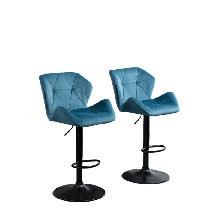 Set of 2 Blue Velvet Bar Stools Adjustable Swivel Breakfast Chairs with Footrest & Metal Base