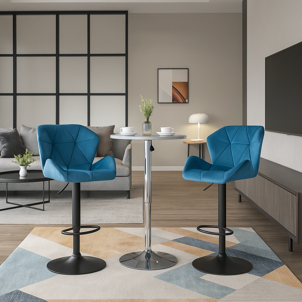 Set of 2 Blue Velvet Bar Stools Adjustable Swivel Breakfast Chairs with Footrest & Metal Base