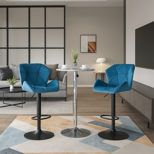 Set of 2 Blue Velvet Bar Stools Adjustable Swivel Breakfast Chairs with Footrest & Metal Base