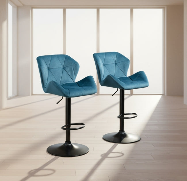 Set of 2 Blue Velvet Bar Stools Adjustable Swivel Breakfast Chairs with Footrest & Metal Base