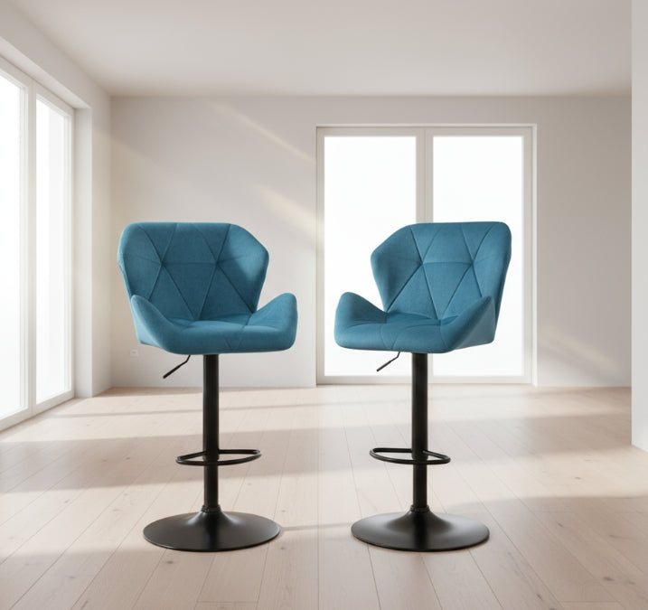 Set of 2 Blue Velvet Bar Stools Adjustable Swivel Breakfast Chairs with Footrest & Metal Base