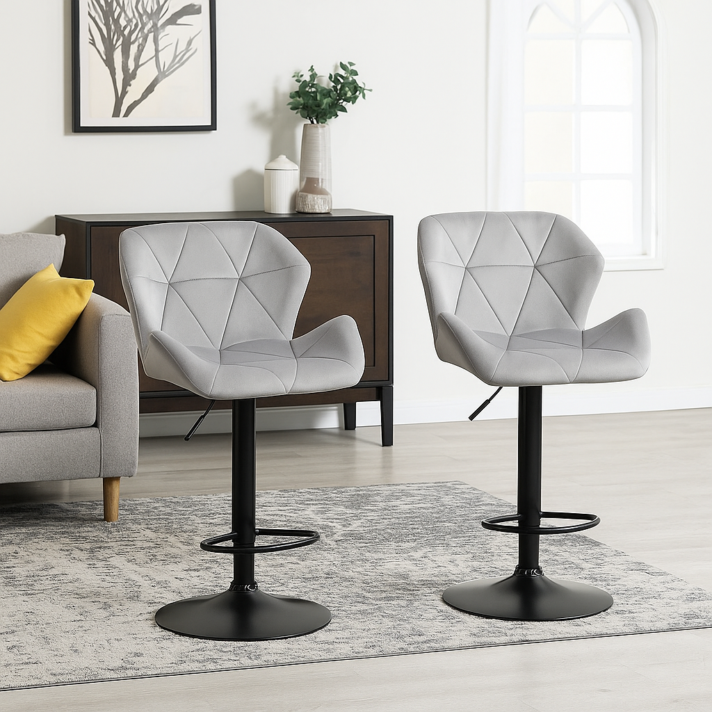 Set of 2 Grey Velvet Bar Stools Adjustable Swivel Breakfast Chairs with Footrest & Metal Base