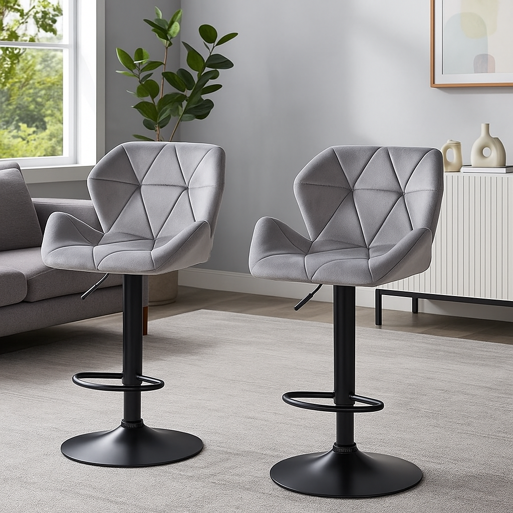 Set of 2 Grey Velvet Bar Stools Adjustable Swivel Breakfast Chairs with Footrest & Metal Base