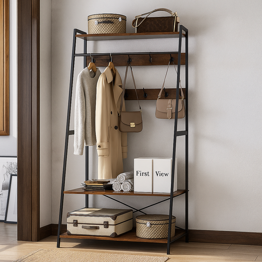 Industrial Clothes Rail Rack with Shelves & Hooks Freestanding Garment Stand Wardrobe Organizer