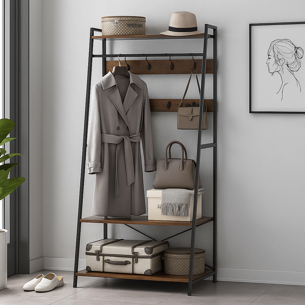 Industrial Clothes Rail Rack with Shelves & Hooks Freestanding Garment Stand Wardrobe Organizer