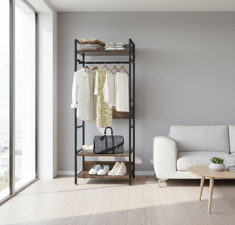 Industrial Clothes Rail Garment Rack with Shelves & Hanging Bar Freestanding Wardrobe Stand