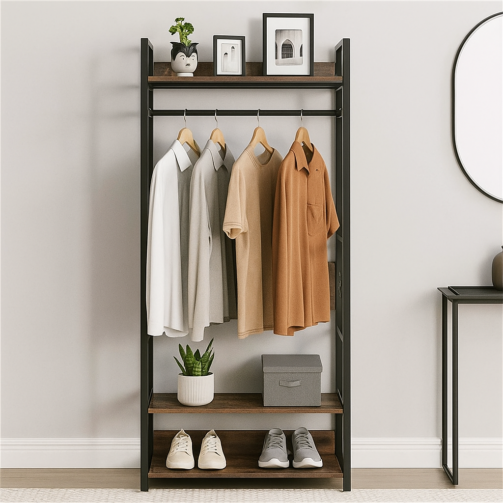 Industrial Clothes Rail Garment Rack with Shelves & Hanging Bar Freestanding Wardrobe Stand