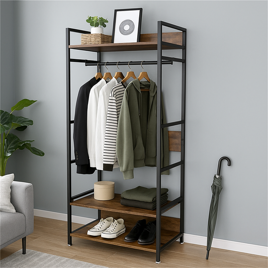 Industrial Clothes Rail Garment Rack with Shelves & Hanging Bar Freestanding Wardrobe Stand