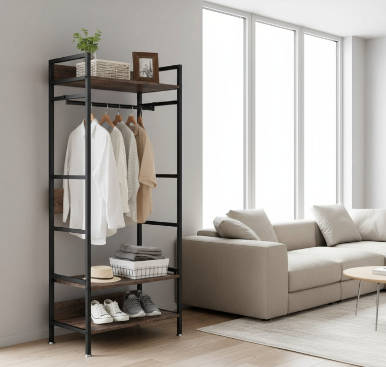 Industrial Clothes Rail Garment Rack with Shelves & Hanging Bar Freestanding Wardrobe Stand