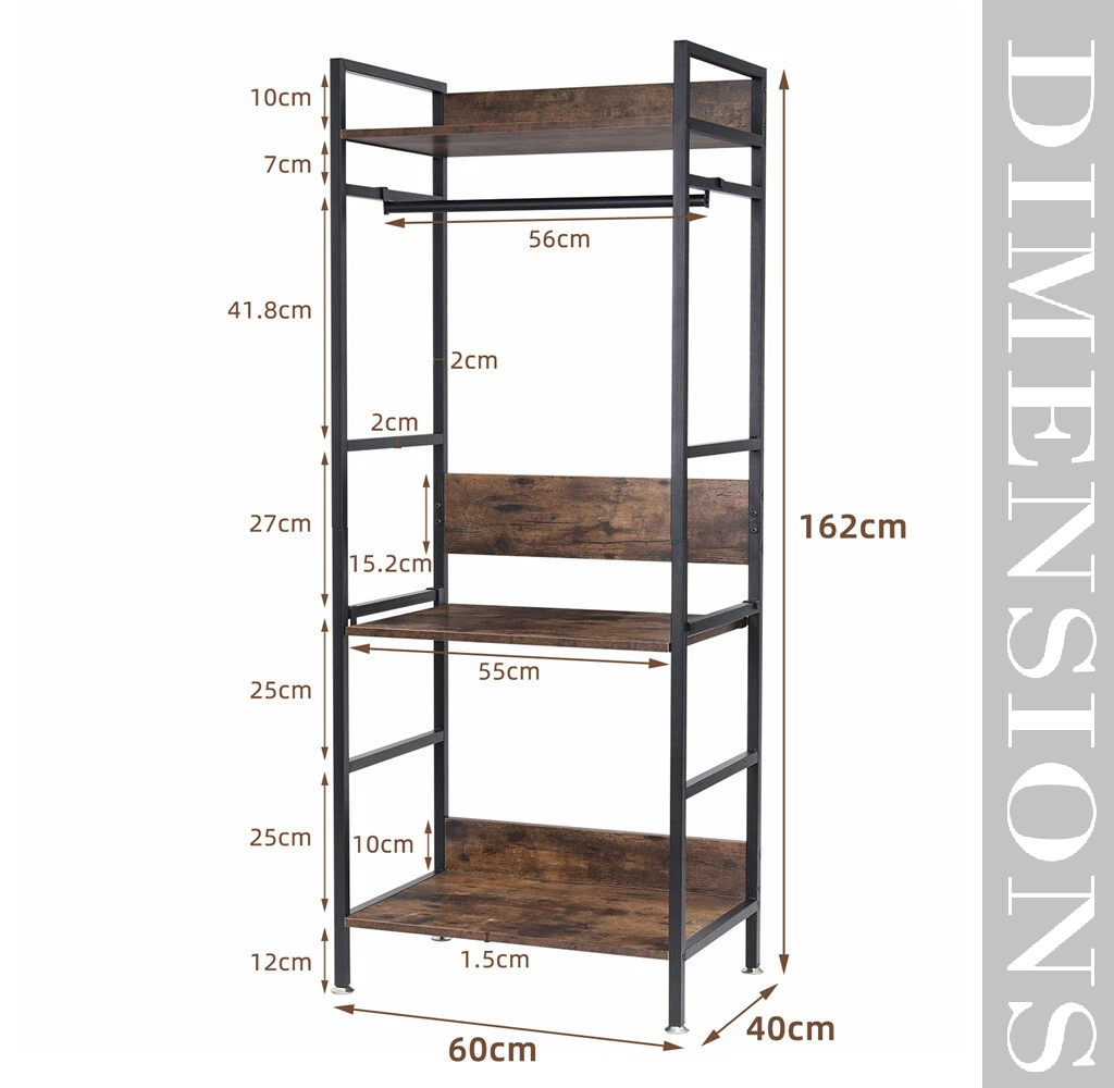 Industrial Clothes Rail Garment Rack with Shelves & Hanging Bar Freestanding Wardrobe Stand