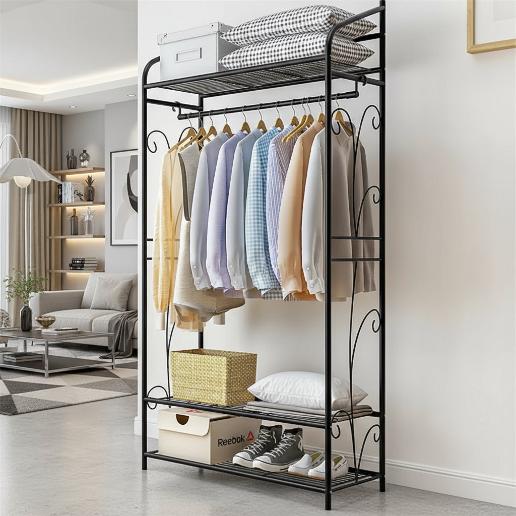 Heavy Duty Garment Clothes Rail Rack with Shelves Metal Coat Stand Hanging Pole Black