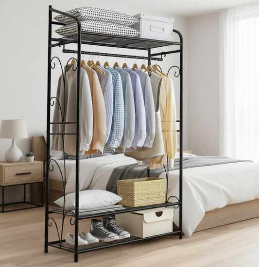 Heavy Duty Garment Clothes Rail Rack with Shelves Metal Coat Stand Hanging Pole Black